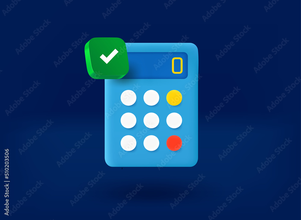 Poster calculator with checkmark icon. 3d vector illustration