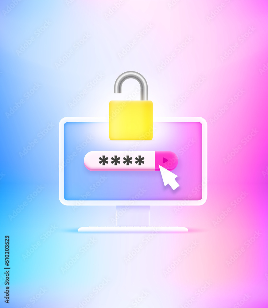 Poster Inputting password to unlock the computer. 3d vector illustration