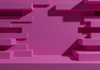 Fototapeta premium Bright magenta, neon pink 3D rendering product display podium or stand with abstract brick wall or portal for product photography minimal, simple, geometric background wallpaper luxury grunge products
