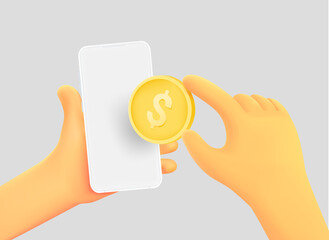 Hand holding smartphone with dollar coin. Payment via smartphone. 3d vector illustration