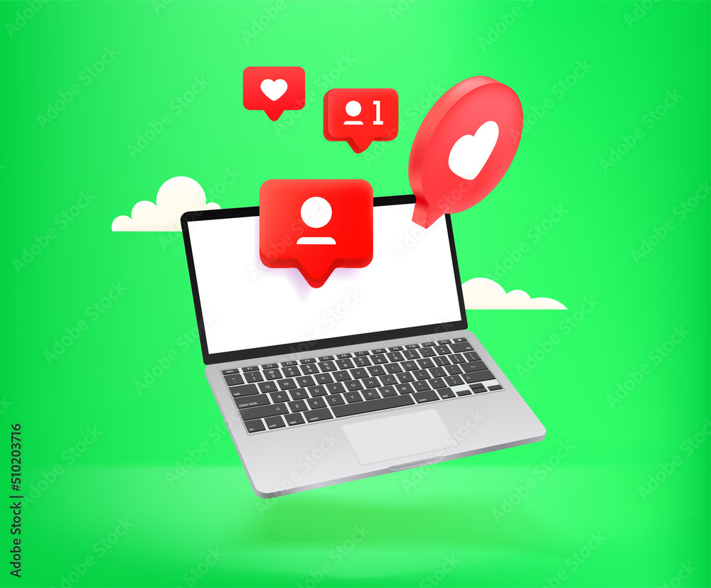Poster receiving notifications on modern laptop. 3d vector banner with copy space