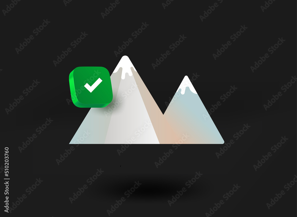 Poster mountains with checkmark icon. 3d vector illustration