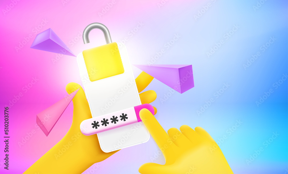 Poster the thief inputting pincode to unlock the smartphone. 3d vector concept