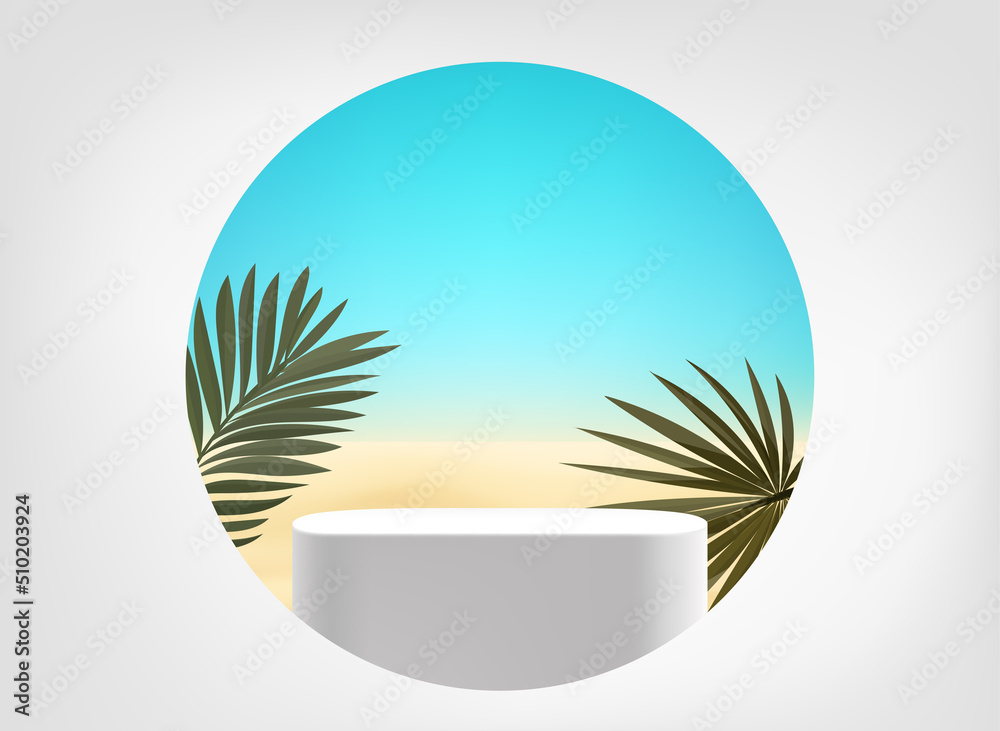 Aufkleber realistic showcase with podium. summer coast in a hole. 3d vector mockup with shadow overlay effect