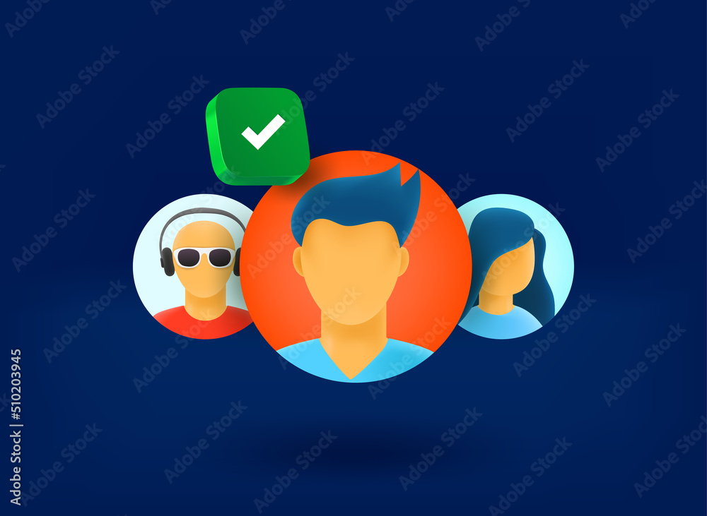 Aufkleber selecting avatar concept with checkmark icon. 3d vector illustration