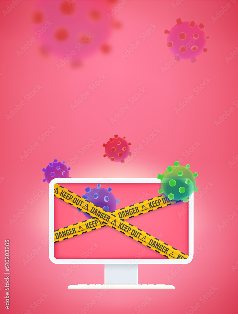 Aufkleber Aware of internet faraud and viruses. Modern computer monitor with ribbons on the screen. 3d vector vertical banner with copy space