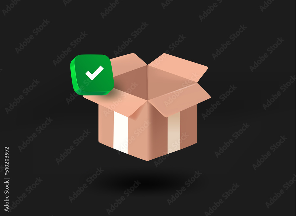 Poster opened box with checkmark icon. 3d vector illustration