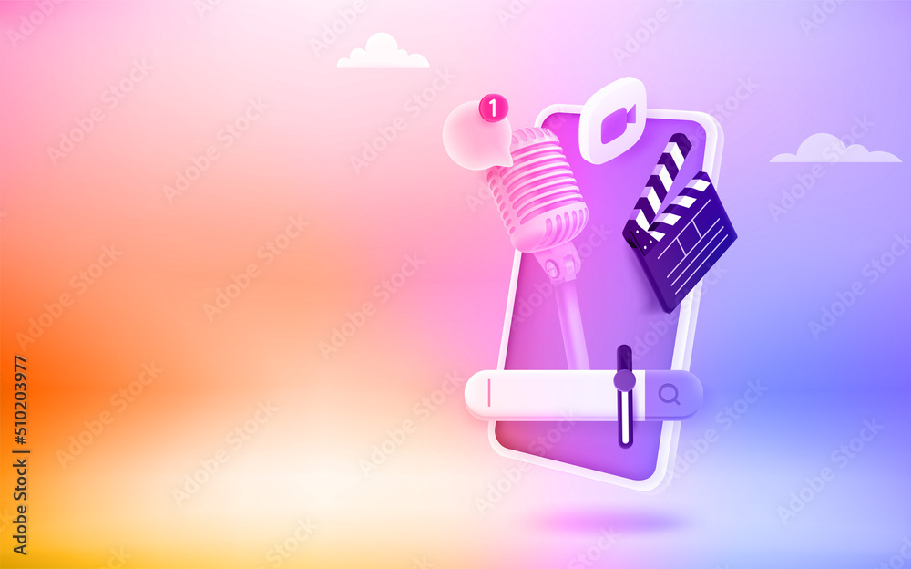 Poster Searching mobile multumedia project. 3d vector vertical banner with copy space