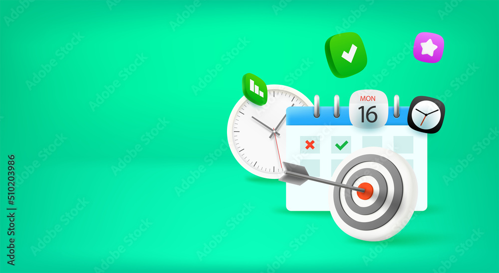 Aufkleber Time management concept with clock and calendar. Vector banner with copy space