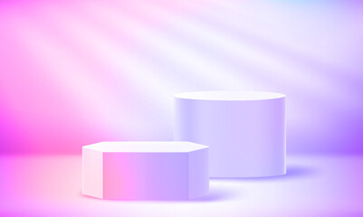 Vivid interior with sunlight from the window and two pedestals for products. Realistic 3d style vector illustration