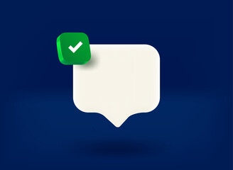 Internet chat balloon with checkmark icon. 3d vector illustration