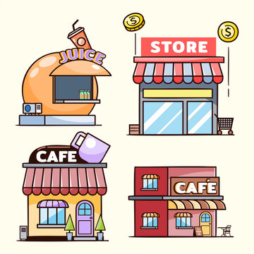 Stores And Shops Facades Icon Set With Fruit Juice Shop, Store, Coffee Shop. Flat Vector Illustration