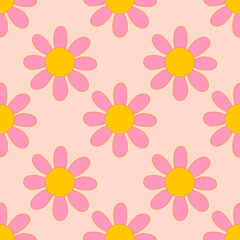 Daisy flowers from 1970 vibe. Vector seamless pattern in pink and yellow colors. Hand-drawn illustration in flat style for groovy background, wallpaper, fabric, textile.
