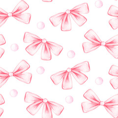 Fototapeta na wymiar A pink ribbon bow. Seamless pattern. Watercolor illustration. Isolated on a white background.