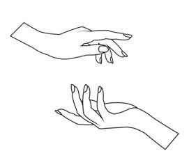 Outline drawing of hands, black line, transparent background