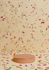 Light beige, pastel orange 3D rendering product display pedestal stand anniversary products, celebration with confetti around podium with golden line for luxury products simple, minimal background