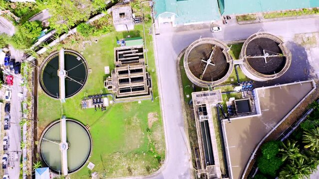 Aerial drone top down view clarifier sedimentation tank. Aerial view Water treatment plant. Top view of recirculation solid contact clarifier sedimentation tank
