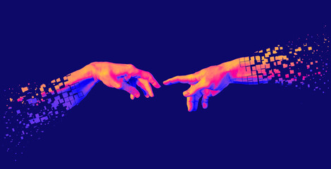 Disintegrating reaching hands concept illustration in vaporwave style color palette isolated on blue background. - obrazy, fototapety, plakaty