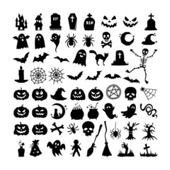 Collection of black silhouettes of Halloween isolated on white background. Vector illustrations - pumpkins, ghosts and magic decorative elements. Big set of Halloween silhouettes icon and character.