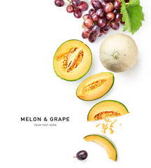 Melon cantaloupe and red grape fruits creative layout.