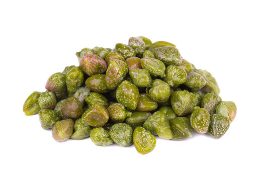 Capers isolated on white background. Pickled capers. Canned capers. Closeup.