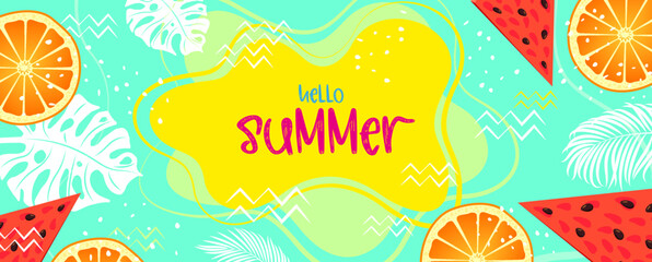 Hello summer. Colorful summer background, banner design. Horizontal poster, greeting card, website header in bright color. Stylized fruits on the background