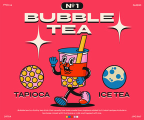 Funny cartoon character. fashion poster. Vector illustration of a running cold bubble tea with tapioca. Set of comic elements in trendy retro cartoon style.