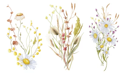 Fotobehang Wild flowers watercolor bouquet botanical hand drawn illustration © EvgeniiasArt