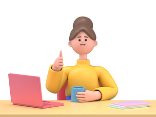 3D illustration of smiling woman Angela -  happy, energetic woman working on computer in workplace.3D rendering on white background.
