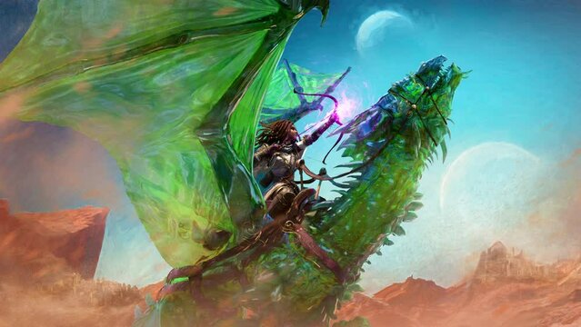 A beautiful young black girl  in a white-gold suit, flying astride a huge crystal emerald dragon through a windy desert pulling a magic string on a pink bow aiming upwards. clean looped 2d animation 
