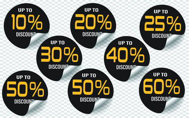 10,20,25,30,40,50,60,70 Percent discount tag badge shape, sticker with offer message, Vector_Black