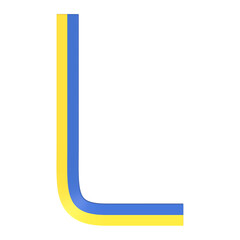 Letter L made of bended ribbons with Ukrainian flag colors, isolated on white, 3d rendering