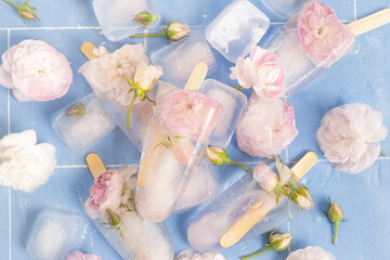 Frozen rose water with rose petals