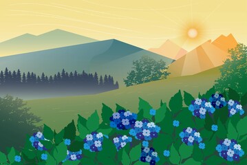 vector illustration landscape with hill and forest, poster