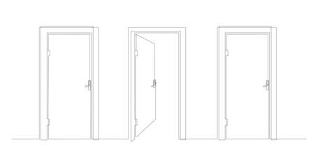 Hall with closed and open entrance doors. Entrance to a room or office. Background for ads