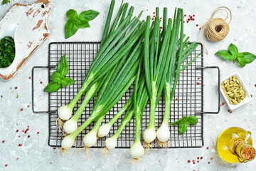Preparation. Fresh green onions on the kitchen table. Top view.