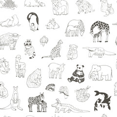 Animals with babies line vector seamless pattern
