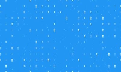 Seamless background pattern of evenly spaced white Christmas lanterns of different sizes and opacity. Vector illustration on blue background with stars