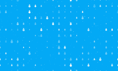 Seamless background pattern of evenly spaced white Christmas snowmans of different sizes and opacity. Vector illustration on light blue background with stars