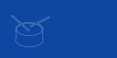 A large white outline drum symbol on the left. Designed as thin white lines. Vector illustration on blue background