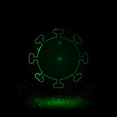 A large green outline coronavirus symbol on the center. Green Neon style. Neon color with shiny stars. Vector illustration on black background