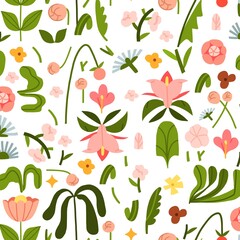 Hand drawn vector abstract graphic clipart illustrations seamless pattern of composition with abstract boho nature shapes of blossom flower,leaves and moon.Modern magic nature design.Botanical garden.
