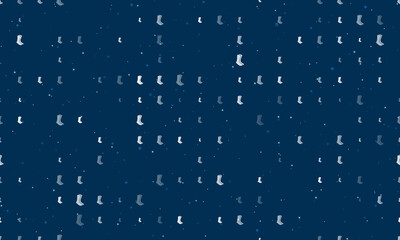 Seamless background pattern of evenly spaced white socks symbols of different sizes and opacity. Vector illustration on dark blue background with stars
