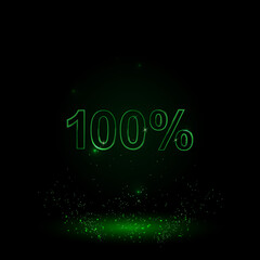 A large green outline 100 percent symbol on the center. Green Neon style. Neon color with shiny stars. Vector illustration on black background