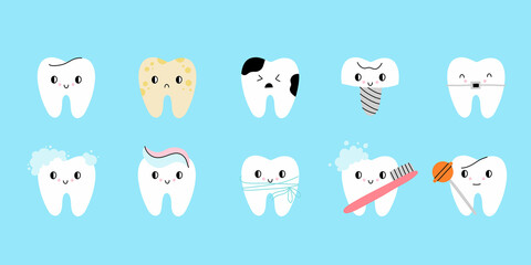 Cartoon Teeth. Various healthy and with caries, cute tooth yellow and white enamel, toothbrush and toothpaste, dental floss, braces and denture. Smiley face, dental clinic mascot vector characters