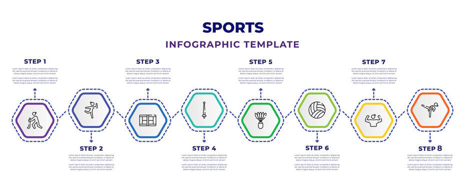 sports infographic design template with ice hockey, aerobics, tennis court, foil, shuttlecock, volleyball ball, bodybuilding, pencak silat icons. can be used for web, banner, info graph.