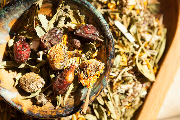 herbal tea, dried medicinal herbs on a white background, herbal medicine