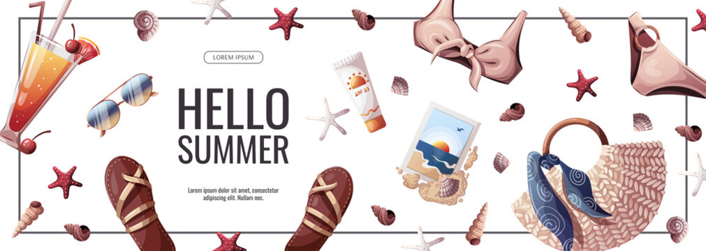 Summer banner for beach Holidays, Summer vacation, Leisure, Recreation concept. Vector Illustrations. Banner, flyer, poster, advertising.