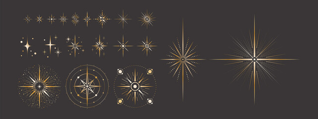 Vector celestial element set. Collection of big and small elegant ornate shiny golden stars with beams, dots and radial circles. Magical isolated clipart for mystic decoration - obrazy, fototapety, plakaty