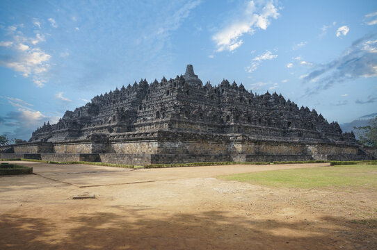 Front view of Borobudur Anicent Buddhist Temple of Yogyakarta, Java Island, Indonesia. Oldest Buddhist temple in the morning. World Heritage, UNESCO.